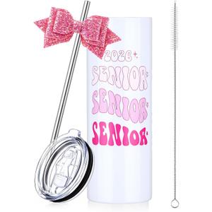 Hushee Class of 2026 Senior Night Gift 20 oz Graduation Tumbler Stainless Steel Insulated Travel Mug and Lid with Straws, Bow Senior 2026 Tumbler Graduation Gift for Her Women Team Coach (Pink)
