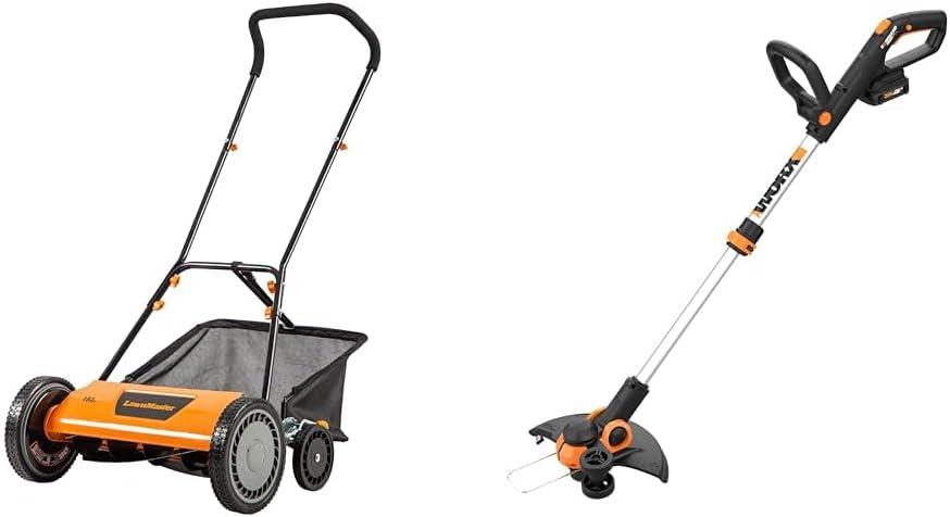 LawnMaster 18" 5-Blade Push Reel Mower Bundle with Worx 20V 12" String Trimmer & Edger (2 Batteries & Charger Included)