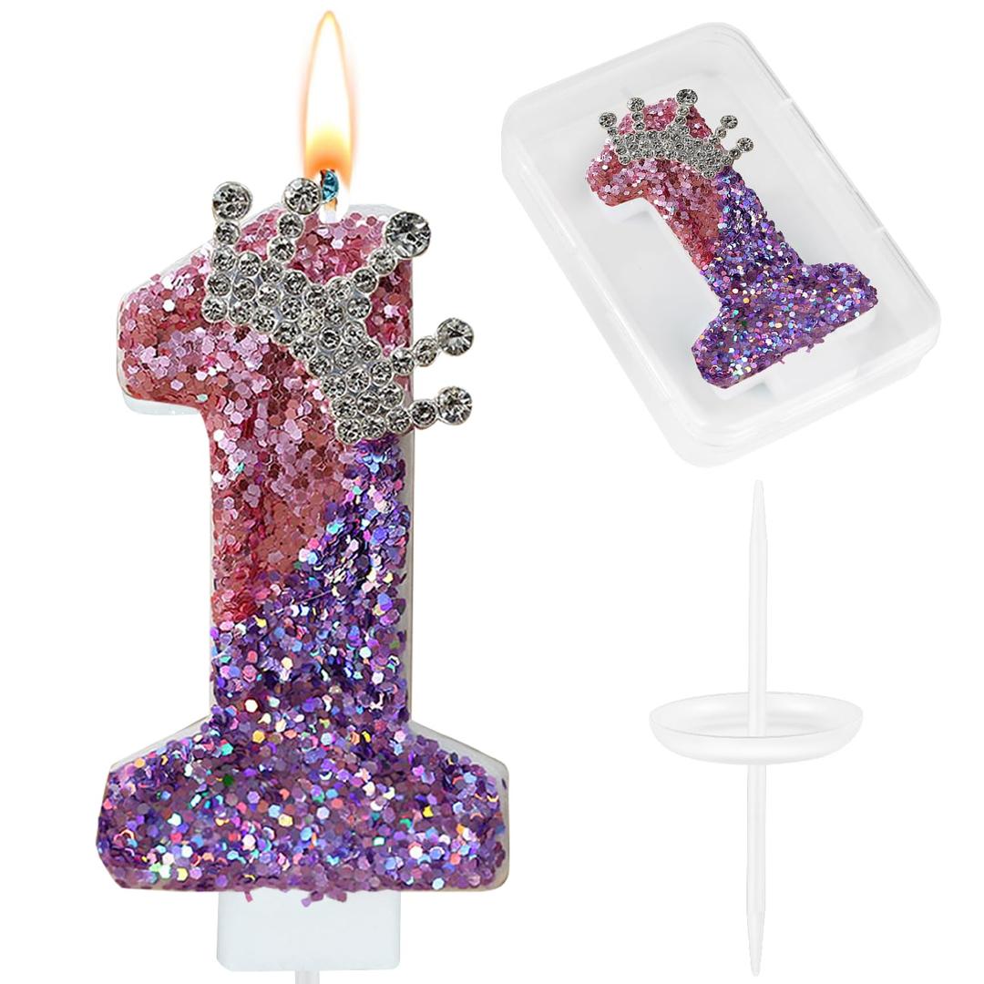 Crown Birthday Number Candle, 1st Birthday Candle for Cake Decoration, Purple Pink Glitter Number 1 Candles Cake Topper for Baby Girls Anniversary Celebration Party Supplies