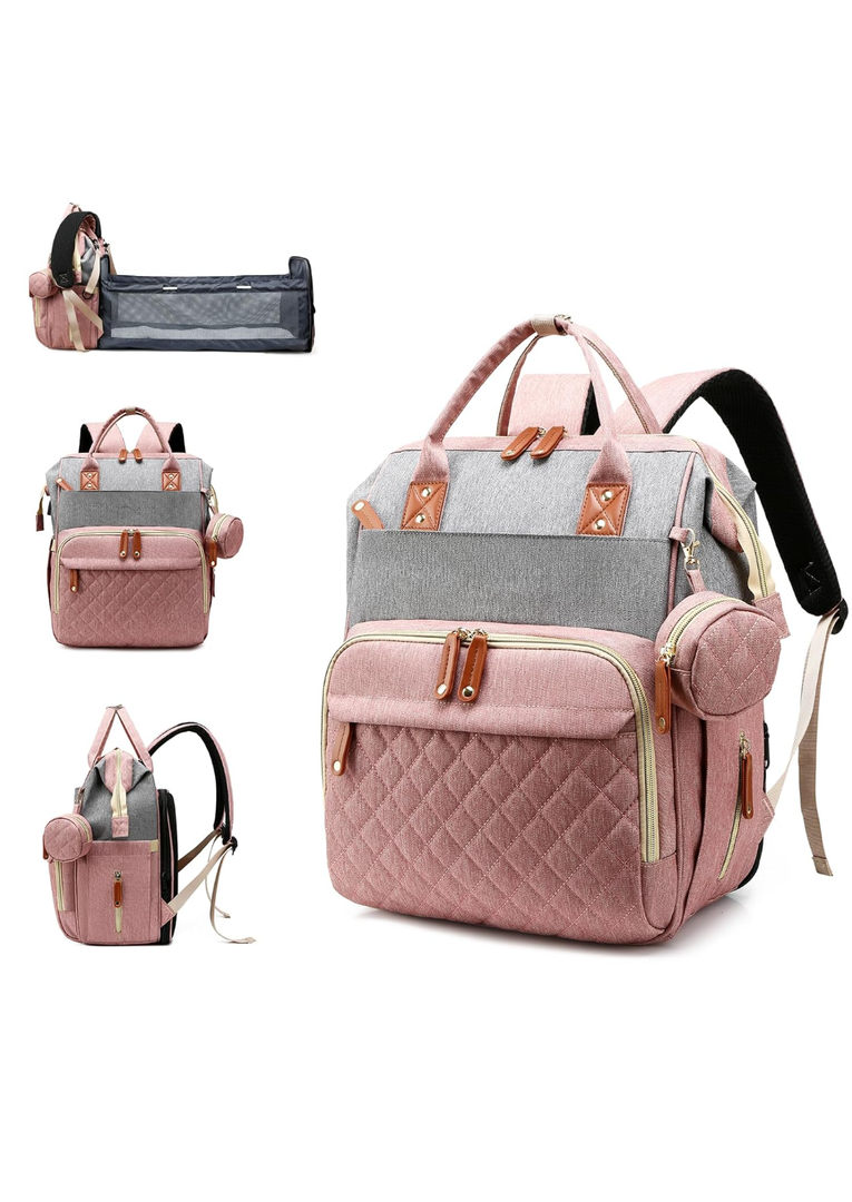 Diaper Bag with Changing Station, Waterproof 3 in 1 Baby Diaper Backpack with Foldable Changing Pad, Pink-Grey