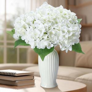 6PCS White Silk Hydrangea Artificial Flowers with Vase | Fake Hydrangea Flowers in Vase for Bedroom Decor Home Table Decor DIY Floral Decoration-14.25 Inch