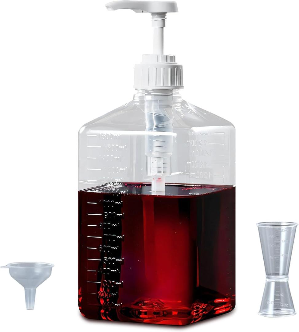 Large Capacity Syrup Dispenser for Coffee Bar, Pump Dispenser 54oz 1600ml PET Syrup Bottle w Measuring Cup and Funnel, Dispenser Bottle w Upgraded Pump