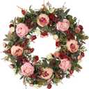 Spring & Summer Wreath, 24in Round, Red Silk & Grapevine, Door Mount, Seasonal Decorative