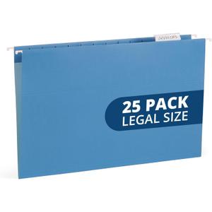 25 Blue Summit Supplies Legal Size Hanging File Folders - Durable 11pt Paper, Blue Hanging Folders with Tabs and Inserts, Fits Legal Size Filing Cabinets, 25 Pack