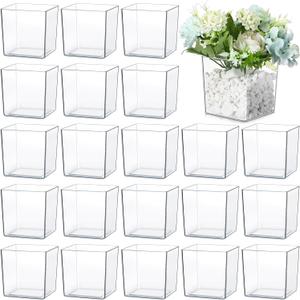 Tioncy 4'' x 4'' 24 Pcs Cube Clear Flower Vase Acrylic Flower Vase Square Acrylic Container Cube Decorative Centerpiece for Plant Home Office Floral Decor