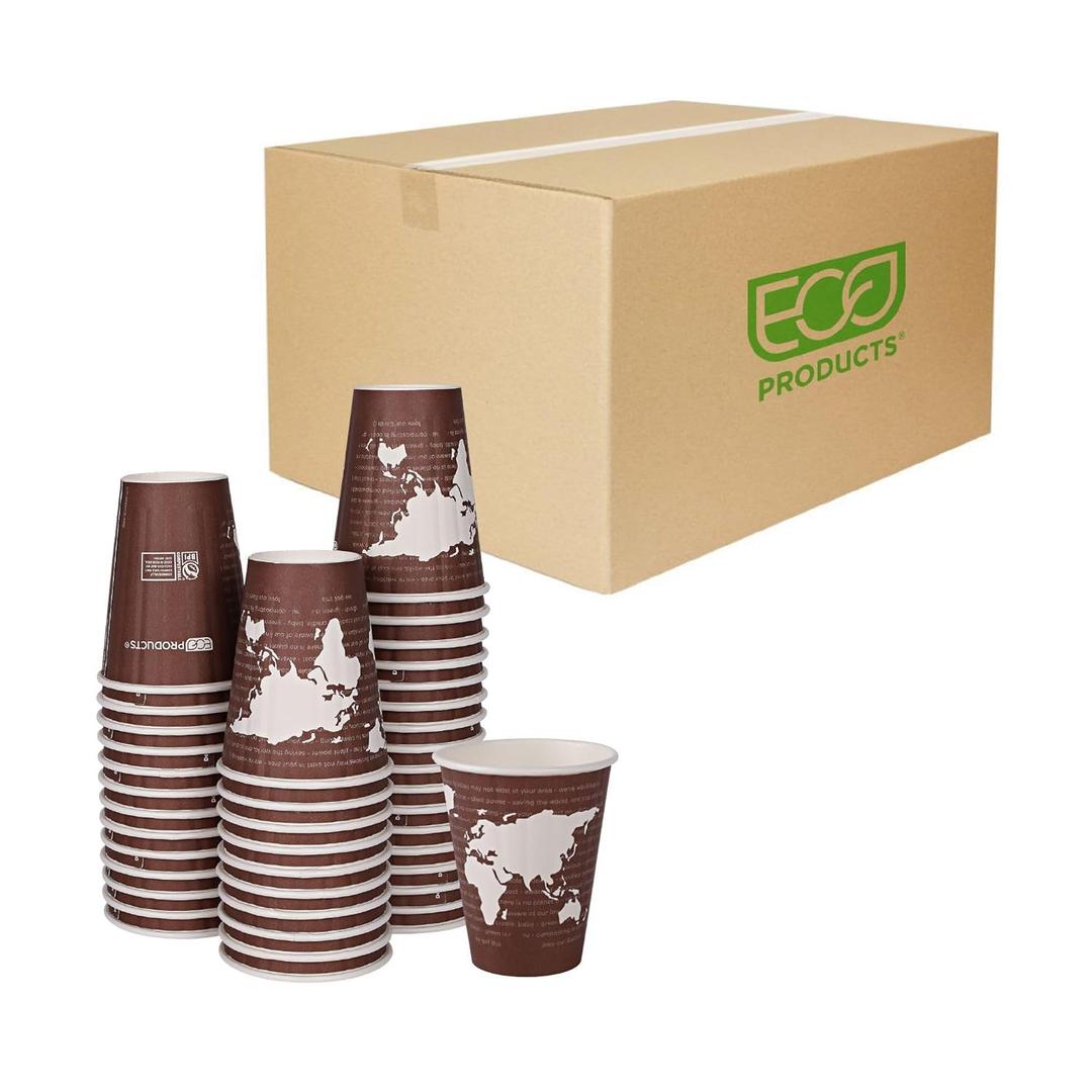 ECO PRODUCTS Compostable Disposable Insulated World Art 8oz Coffee Cups, Case of 800, Renewable Double-wall Hot Paper Cup, Plant Based PLA Lining, No Sleeves Needed, Color Coded