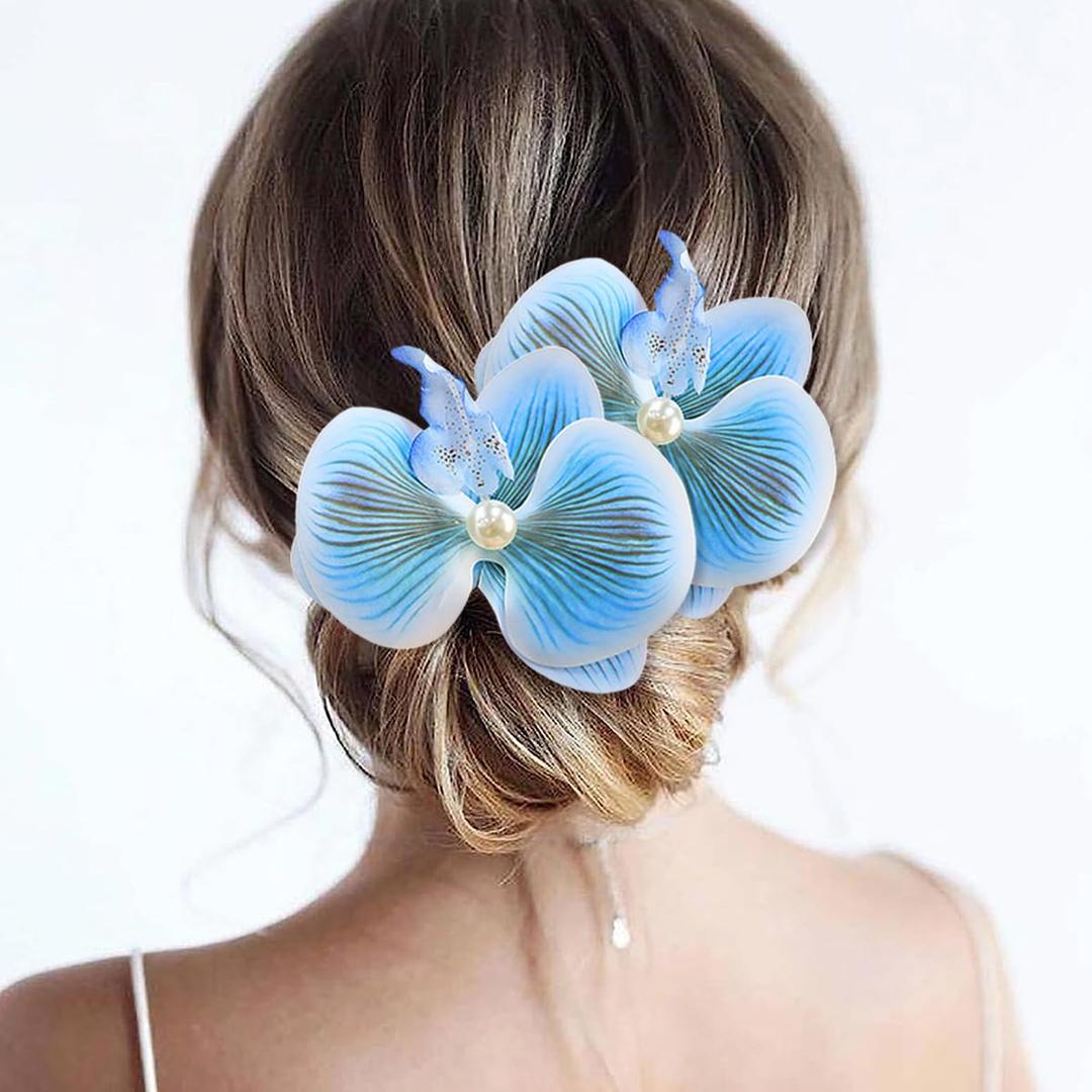2pcs Flower Hair Clips Boho Orchid Hair Clips Artificial Phalaenopsis Hair Barrettes Bridal Hawaiian Beach Party Hair Accessories for Women (Blue)