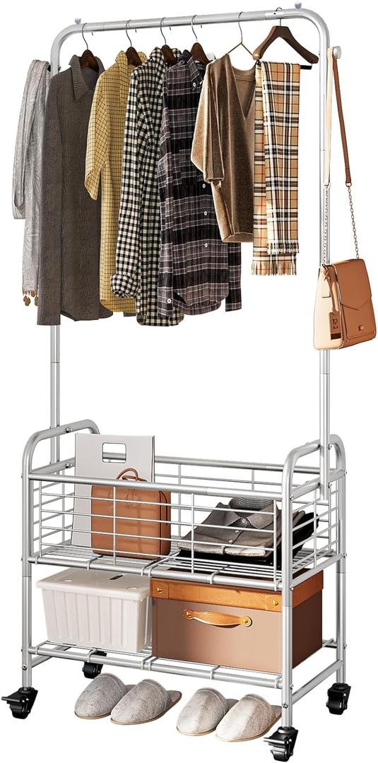 Laundry Basket with Wheels - Rolling Hamper & Sorter Cart, Shelf & Hanging Rack, Grey (1 bag)