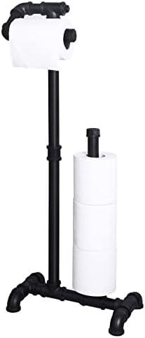 HouseAid Free Standing Industrial Pipe Toilet Paper Holder for Bathroom, Stand Rustic Iron Toilet Roll Holder with Reserve, Vintage Style, Matte Black