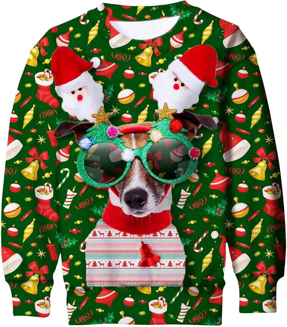 Idgreatim Boys Girls Ugly Christmas Sweater Funny 3D Long Sleeve Xmas Sweatshirt with Fleece Size 4-16 (Green, M)