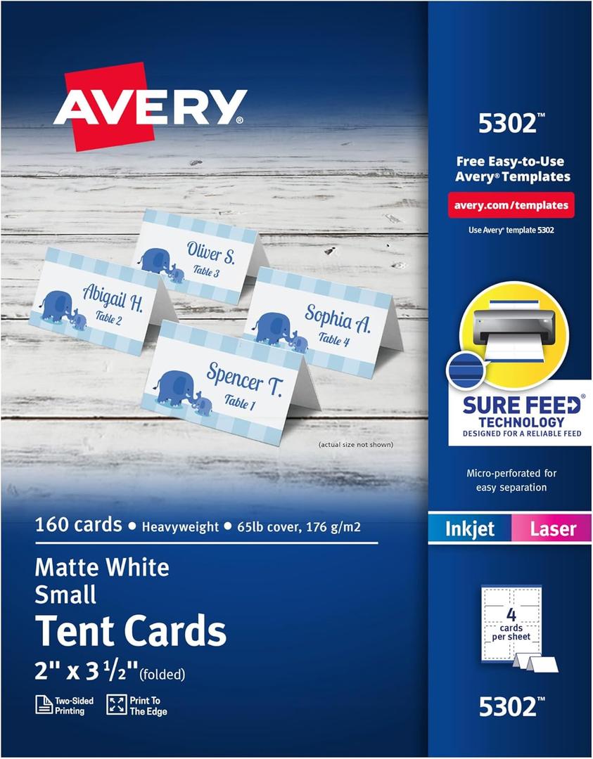 Avery Printable Tent Cards with Sure Feed Technology, 2" x 3.5", White, 160 Blank Place Cards for Laser or Inkjet Printers (5302)