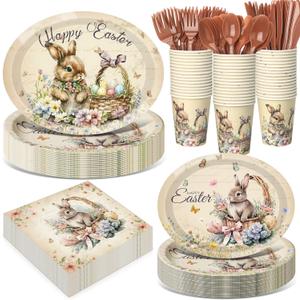 Pajean 350 Pcs Easter Bunny Oval Paper Plates Set with 12 Inch Disposable Vintage Easter Oval Plates and Napkins Bunny Flower Eggs Heavy Duty Dinnerware for 50 Guests Picnic Spring Party Supplies
