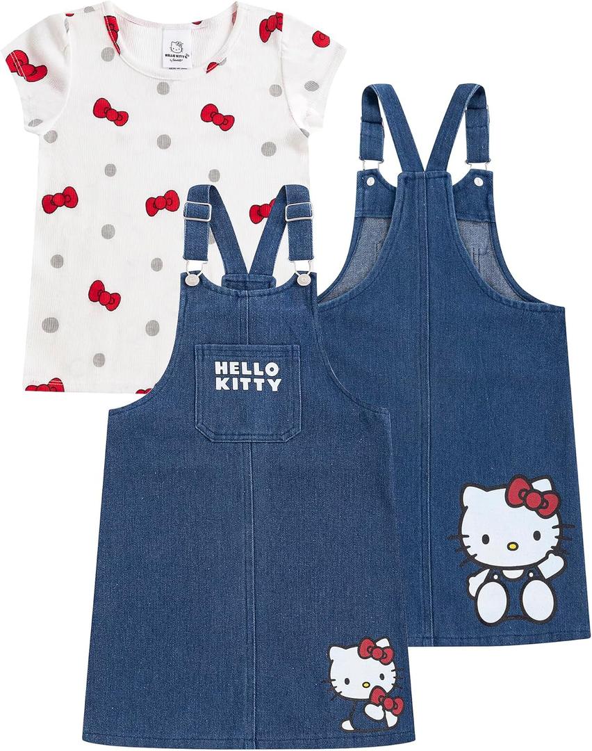 Hello Kitty Sanrio Girls Adjustable Jumper Denim Dress with Shirt Set for Toddler and Big Kids (6, Blue/White)