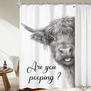 Highland Cow Farmhouse Funny Rustic Black White Bathroom Shower Curtain Set, 60"W x 72"L