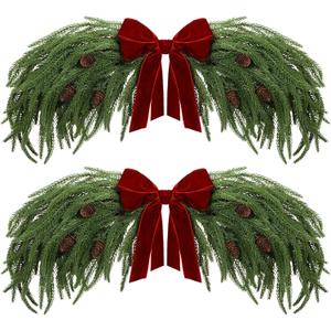 31.5" Christmas Swag for Front Door Rustic Velvet Bow Christmas Centerpiece with Berries for Indoor Outdoor Decor(Norfolk Pine,Red)
