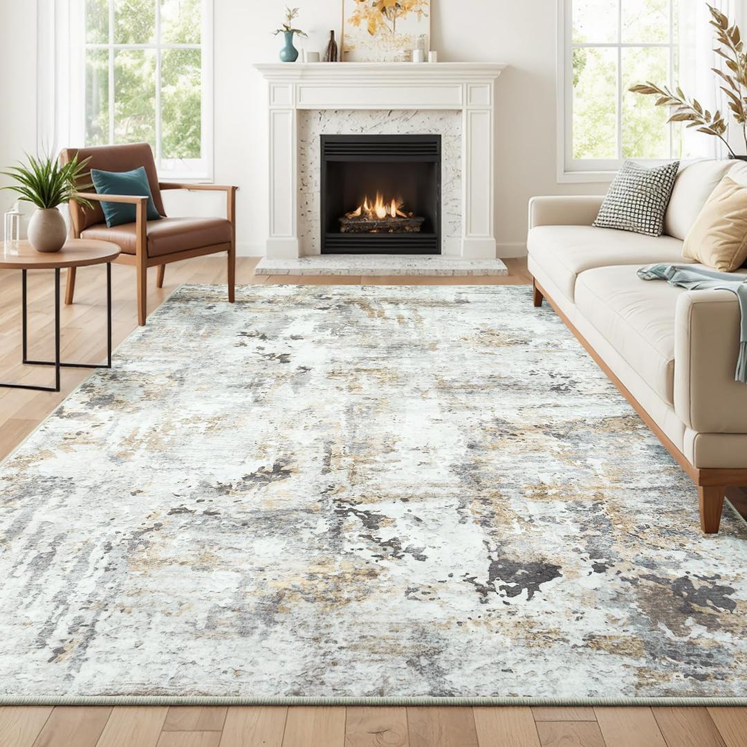 Neutral Area Rug 6x9 Washable Rugs for Living Room Aesthetic, Large Abstract Non-Slip Low-Pile Printed Accent Carpet for Bedroom Office, Brown/Grey
