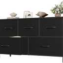 OLIXIS 5 Drawer Black Dresser for Bedroom, Closet Chest Organizer Furniture | TV Stand for Living Room Hallway, Wide Fabric Storage Tower with Wooden Top and Metal Frame, 39.4"D x 11.8"W x 20.9"H