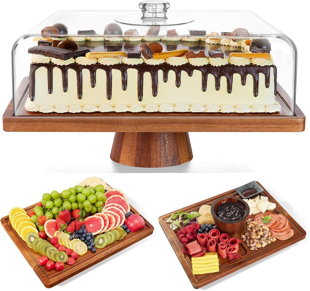 HouseJoy Acacia Wood Cake Stand with LidExtra Large 17" Rectangular Cake Holder,2in1 Dessert Table Display Set & Charcuterie Board,Acrylic Cake Dome Cover for Cheese/Veggie/Desert /Chips & Dip