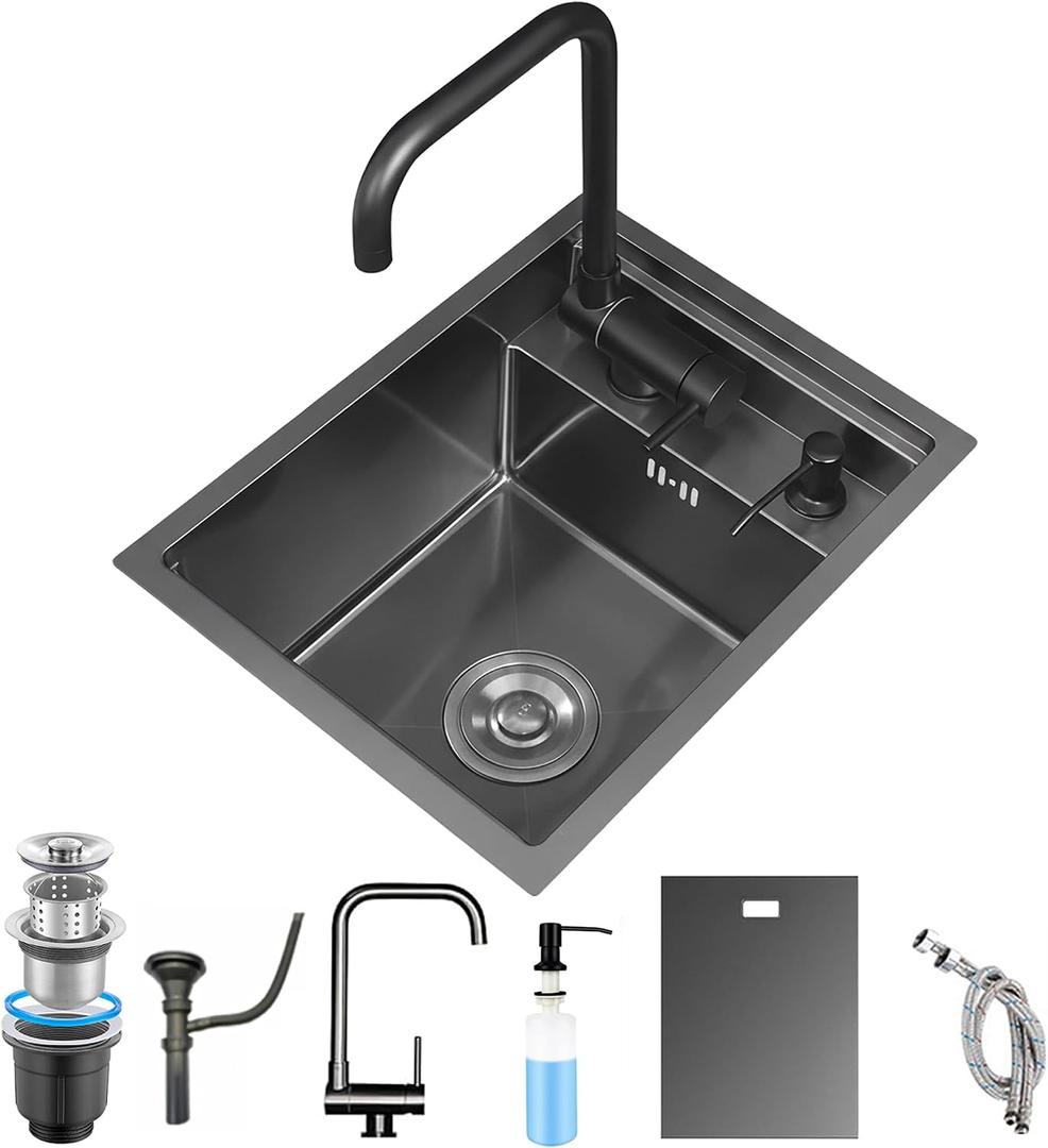 RV Kitchen Sink with Foldable Faucet and Cover Plate
13*15in Nano-Coated Stainless Steel Small Camper Sink, Space Saving Undermount Bar Sink with Drain Kit & Soap Dispenser