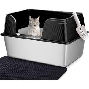 Vealind XXL Stainless Steel Cat Litter Box High Sided with Lid 23.7" L x 16" W x 12" H Side Entry Extra Large Metal Cat Litter Pan with Scoop and Mat for Big Cats Black
