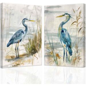 SWQYLB Blue Heron Wall Art Set of 2 Coastal Bird Paintings Beach Animal Pictures Canvas Crane Framed Art Prints Bathroom Living Room Home Decor (Blue, (24"x36"x2 Pieces))