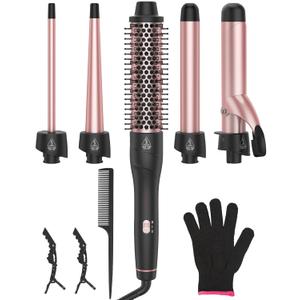 ANIEKIN 5 in 1 Curling Iron Set, Fast Heat Up Curling Wand from 3/8 to 1 1/4 Inch and a Thermal Brush Come with, Dual Voltage Hair Curler for Women All Hair Types and Travel Use, Gifts for Women