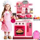 DRAMATION Kids Kitchen Playset, 27.1 Inches Play Kitchen with Sound and Light, Kitchen Set for Toddlers 1-3 3-5, Cooking Stove, Play Sink and Kitchen Accessories, Toy Kitchen (Pink), 20.9 inches x 8.9 inches x 27.2 inches