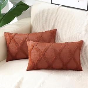 decorUhome Spring Throw Pillow Covers 12x20 Inch Set of 2, Soft Plush Faux Fur Wool Lumbar Aqua Couch Pillow Covers, Decorative Pillow Cases for Bed Sofa Living Room Home Decor, Rust 