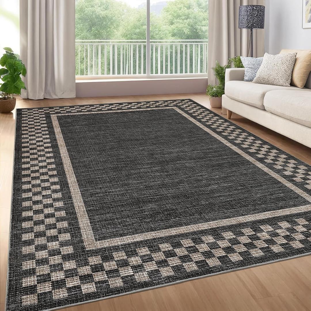 GarveeHome Washable Area Rugs 8x10 Non Slip Soft Large Living Room Rug Modern Checkered Bedroom Rug Soft Geometric Bordered Throw Carpet for Dining Room Home Decor Office Nursery, Black