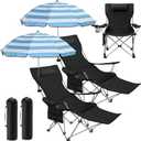 Karenhi 2 Set Reclining Beach Chair with Umbrella for Adult Folding Camping Chair with Foot Rest Adjustable Clamp Canopy Shade for Outdoor Patio Travel Beach Fishing Picnic