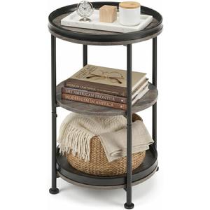 Dulcii Round Side Table with 3 Shelves for Living Room, Bedroom Nightstand with Steel Frame for Small Spaces, Industrial Round Sofa Table (Classic, Grey)