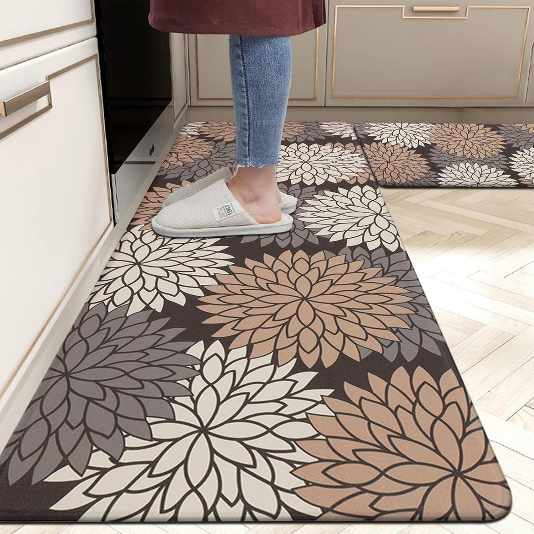 HEBE Anti Fatigue Kitchen Rugs Sets of 2, Non Slip Kitchen Mats for Floor, Waterproof Cushioned Comfort Standing Carpet for Kitchen Sink, Home Office, Laundry Room (17.3"x59"+17.3"x28"-0.47"Th, Dark Brown)