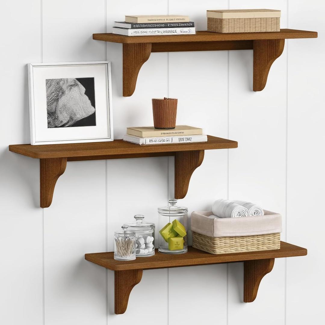 Forbena Wooden Floating Shelves for Wall Set of 3, 24 Inch Wall Shelf for Bedroom, Dark Wood Arched Hanging Wall Shelves for Bedroom, Living Room, Office, Nursery, Dining Room (Walnut Brown), 24 Inches Long