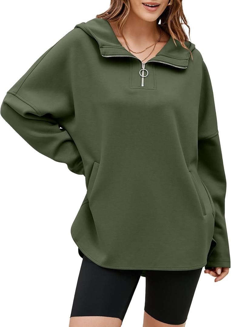 EVALESS Womens Hoodies 2025 Fashion Trendy Casual V Neck Long Sleeve Fall Winter Zip Up Basic Athletic Workout Oversized Sweatshirt Pullover Clothes, Pickle Green Large