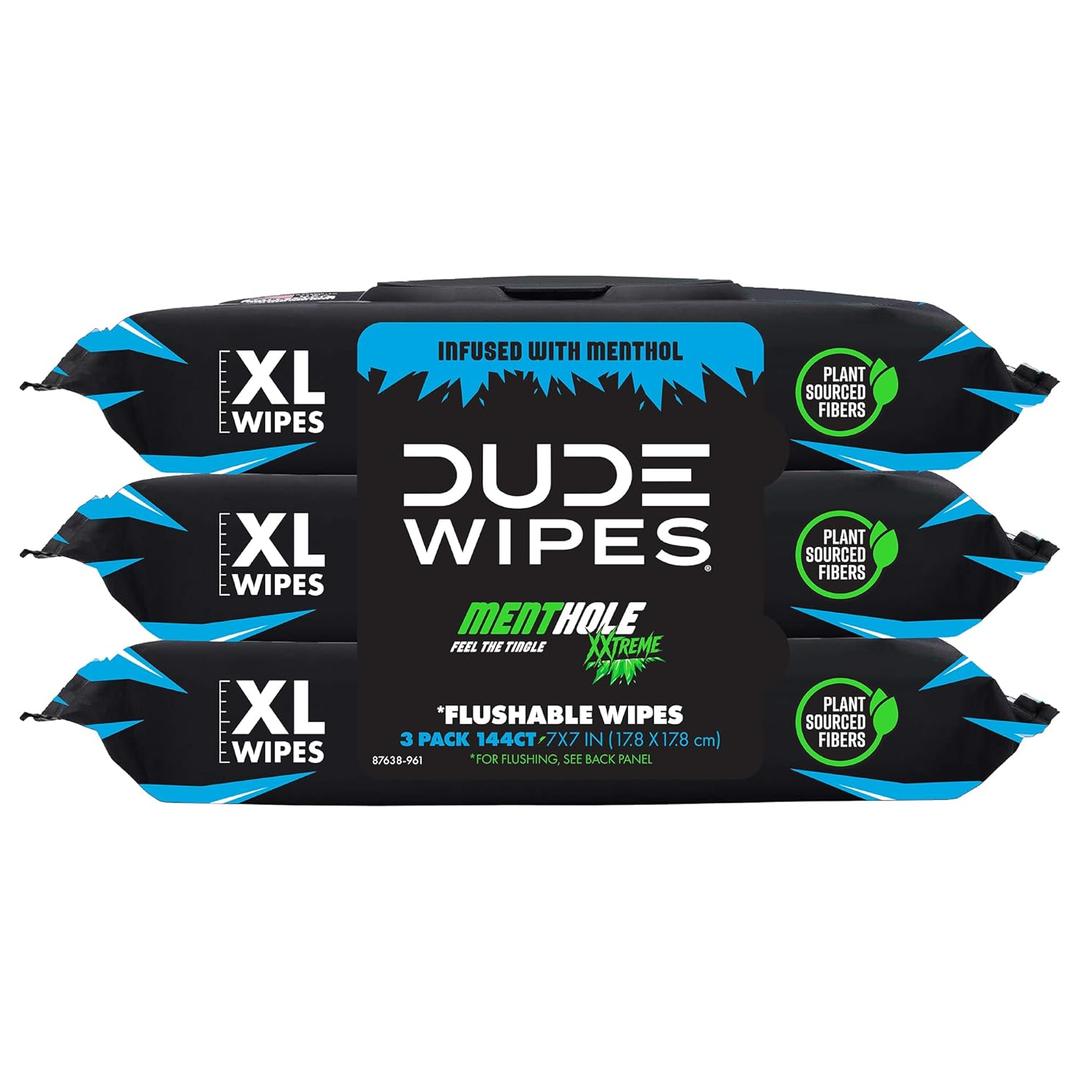 DUDE Wipes MentHOLE XXtreme Flushable Wipes - Menthol Infused Extra-Large Adult Wet Wipes - 3 Pack (144 Count) - Infused with Menthol for a Cooling Sensation - Septic and Sewer Safe