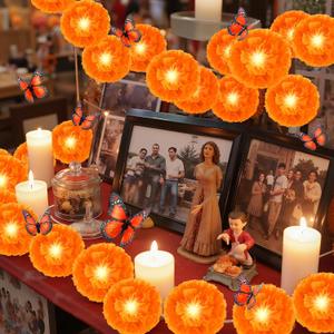 60 Pcs Day of the Dead Decorations, Dia De Los Muertos Altar 2 Marigold Garland String Lights, 30 Marigold Flowers with Stems, 12 Butterfly, 16 Mexican Banners for Diwali Halloween Decor