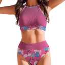 AI'MAGE Women's Bikini Sets High Neck Ribbed Two Pieces Swimsuit Tummy Control Bathing Suits High Waisted Swimwear 2025 (Rose Red Print), M