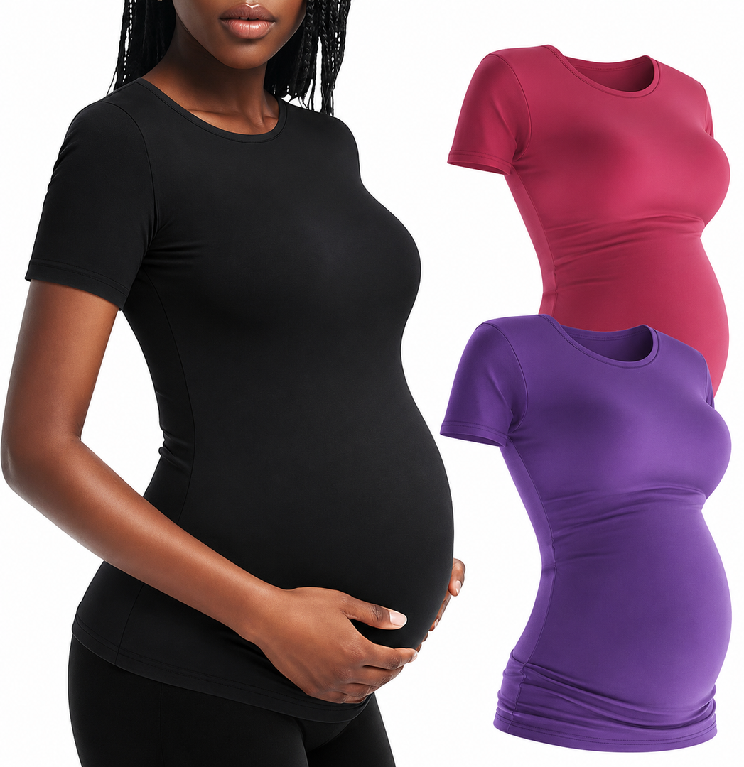 3 Pack Women's Short Sleeve Maternity T-Shirts, Yoga Summer Casual Crew Neck Pregnancy Tees Mama Tunic Tops Blouse, Small (Violet, Pink, Black)