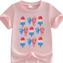 Kids Toddler Girls 4th of July T-Shirt Short Sleeve Patriotic Coquette Bow American Flag Independence Day Top (Pink Ice Cream), 1-2Y