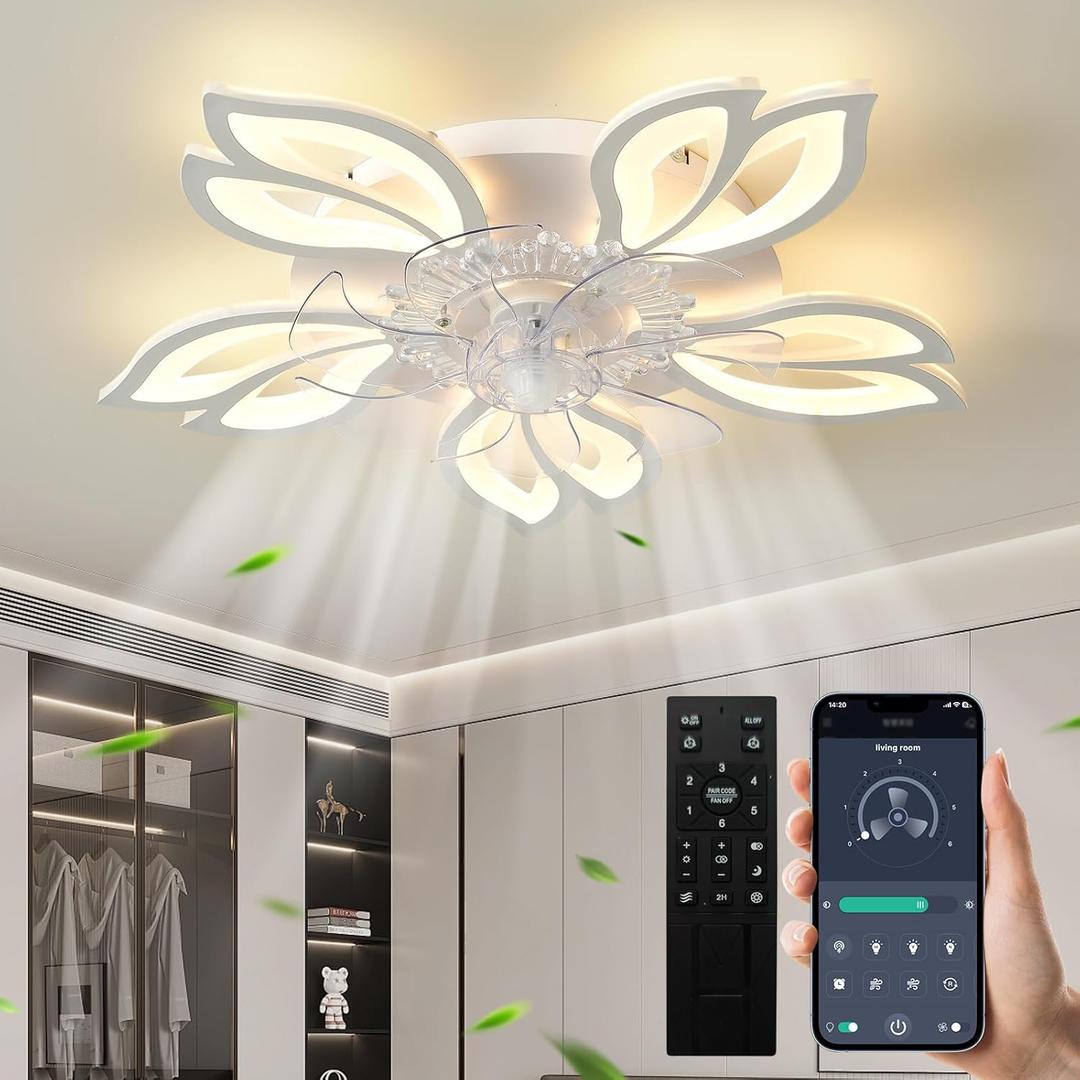 27.6 Inch Modern Flower Ceiling Light with Fan, 6 Speeds with 7 Blades, Remote Control Ceiling Fan White Dimmable LED Lighting Fixture for Dining Room Bedroom Small Living Room (White, 27.6")