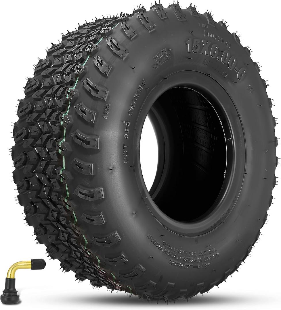 15x6.00-6 Front Lawn Mower Tire, 150/70-6 Tubeless Tire, for Garden Tractor Riding Mover Tractor Turf, 4 PR Tubeless, 220lbs Capacity