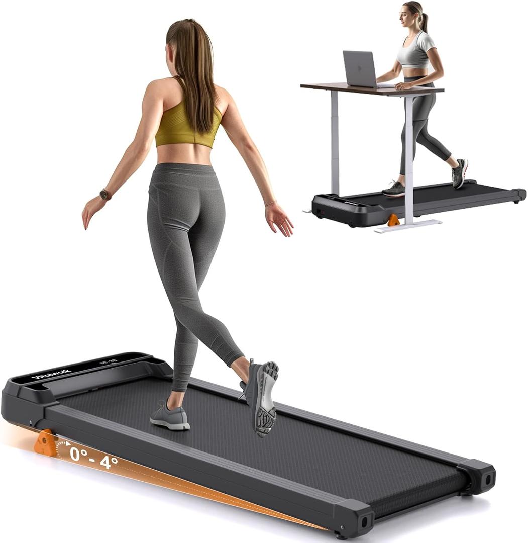 Walking Pad Treadmill Under Desk - Vitalwalk Portable Treadmill with Incline, Mini Treadmill for Home and Office, 2.5HP, Remote Control, LED Display, 300LBS Loading Capacity for Walking Jogging Black