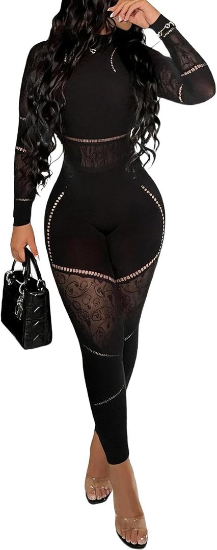 Women's Sexy 2 Piece Set Mesh Jumpsuit Hollow Long Sleeve Sexy Bodysuit Top and High Stretch Legging Set (Black) L/XL