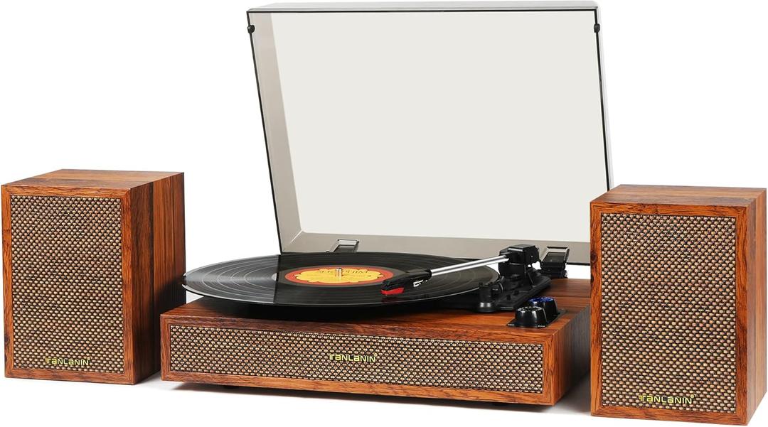 Vinyl Record Player with External Speakers, 3 Speed Bluetooth Turntable for Vinyl Records, Vintage Belt Drive Record Player with Stereo Speakers and Auto Stop, RCA Audio Out and Aux-in,Light Wood