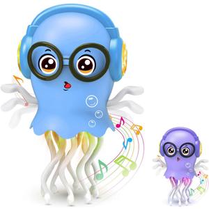 Kids Toy Dancing Jellyfish, Interactive Crawling Jellyfish Bump and Go Toy with Music & Lights, Sensory Tummy Time Toys for Toddlers 3-12 Years, Kids Birthday Chirstmas Gifts for Boys Grils (Blue)