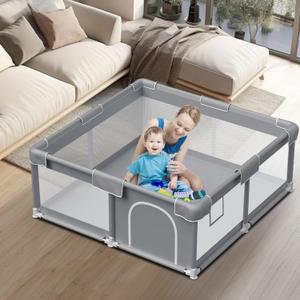 Baby Playpen Baby Play Pen for Babies and Toddlers Safe Anti-Fall Baby Play Yards Indoor & Outdoor Sturdy Safety Baby Activity Center with Soft Breathable Mesh Baby Fence 5050 Inch (Grey)
