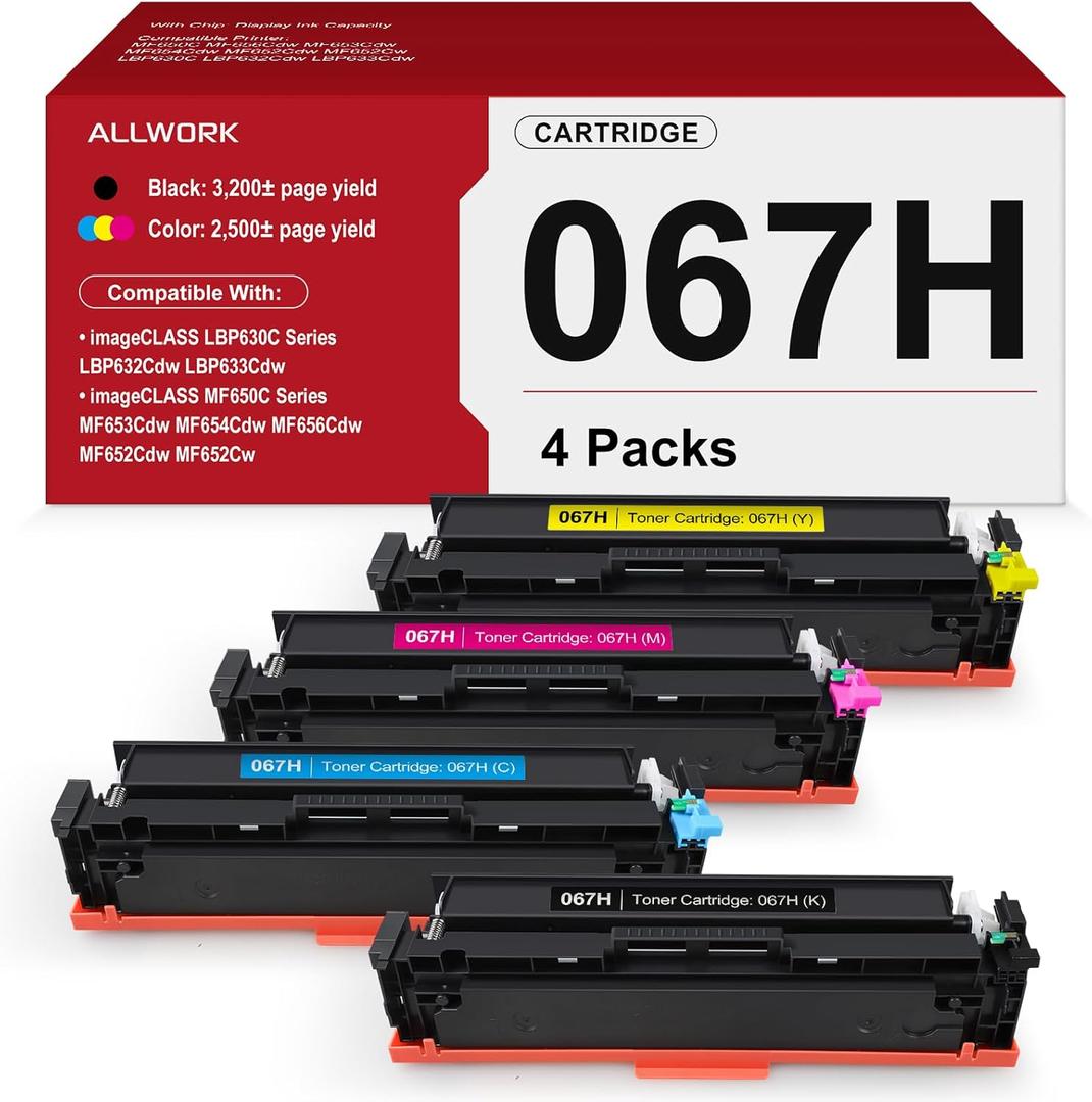 ALLWORK 067H Toner Cartridge High Capacity Compatible Replacement for Canon 067 Toner Cartridge Set Works for Canon Color imageCLASS MF650C LBP630C Series MF656Cdw MF654Cdw MF652Cw LBP632Cdw 4 Pack