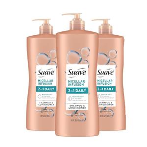 Suave 2 in 1 Shampoo and Conditioner with Micellar Infusion, cleansing and conditoning For All Hair Types, 28 oz Pack of 3