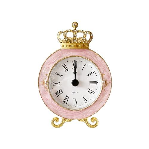 Pasiir Vintage Mini Analog Table Clock, Silent Crown Table Clock with Hand-Painted Metal Body and Battery Operated Non-Ticking Core for Shelf, Living Room, Bedroom, Bedside, Desk