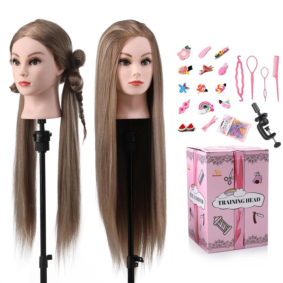 Mannequin Head with Hair, 26" Hair Mannequin Manikin Head Hair Practice Cosmetology Hair Doll Head Styling Hairdressing Training Braiding Cutting Setting with Clamp Holder and Tools